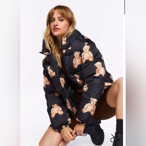 278. Forever 21 Teddy Bear Print Puffer Jacket Black Printed Small - Picture 7 of 8